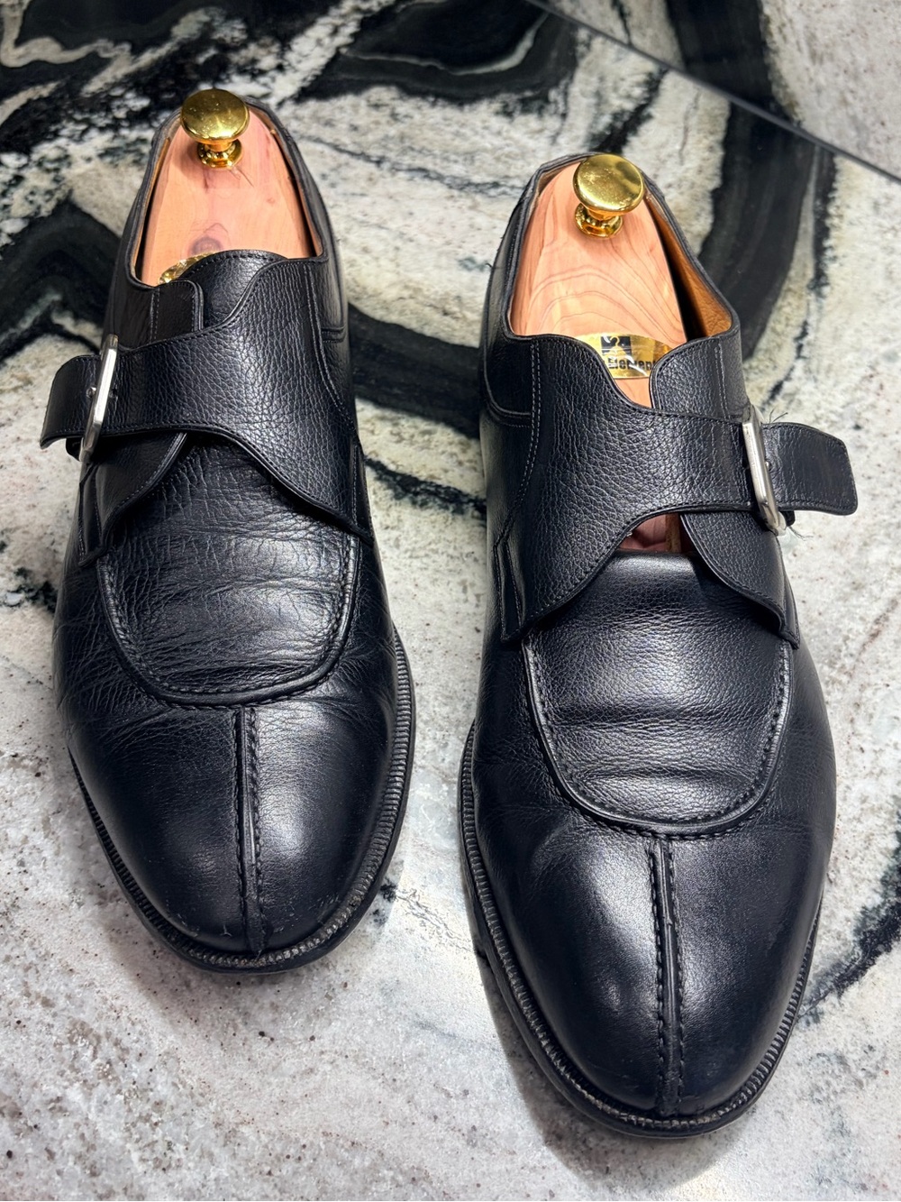 Santoni Classico Black Leather Split Toe Monk Strap Shoes US 11.5 Italy 10.5